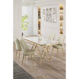 Canisa Vals Serisi 80x130 cm Beyaz Mermer Desen Masa Takımı, Gold Ayaklı, 4 Krem Sandalye