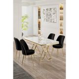Canisa Vals Serisi 80x130 cm Beyaz Mermer Desen Masa Takımı, Gold Ayaklı, 4 Siyah Sandalye