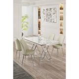 Canisa Vals Serisi 80x130 cm Beyaz Mermer Desen Masa Takımı, Krom Ayaklı, 4 Krem Sandalye