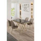 Canisa Vals Serisi 80x130 cm Siyah Mermer Desen Masa Takımı, Gold Ayaklı, 4 Cappucino Sandalye