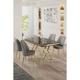 Canisa Vals Serisi 80x130 cm Siyah Mermer Desen Masa Takımı, Gold Ayaklı, 4 Gri Sandalye