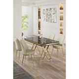 Canisa Vals Serisi 80x130 cm Siyah Mermer Desen Masa Takımı, Gold Ayaklı, 4 Krem Sandalye