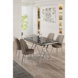 Canisa Vals Serisi 80x130 cm Siyah Mermer Desen Masa Takımı, Krom Ayaklı, 4 Cappucino Sandalye