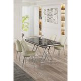Canisa Vals Serisi 80x130 cm Siyah Mermer Desen Masa Takımı, Krom Ayaklı, 4 Krem Sandalye