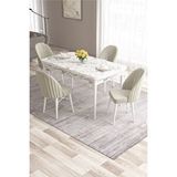Canisa Ves Serisi 80x132 Mdf Açılabilir Beyaz Mermer Desen Yemek Odası Takımı 4 Krem Sandalye