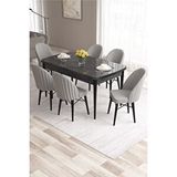 Canisa Ves Serisi 80x132 Mdf Açılabilir Siyah Mermer Desen Masa 6 Gri Sandalye Mutfak Masası Takımı