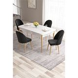 Canisa Ves Serisi 80x132 Mdf Beyaz Mutfak Masa Takımı Beyaz Kafesli 4 Siyah Sandalye Doğal Ahşap Ayaklı