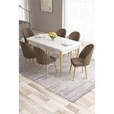 Canisa Ves Serisi 80x132 Mdf Beyaz Mutfak Masa Takımı Beyaz Kafesli 6 Kahve Sandalye Doğal Ahşap Ayaklı
