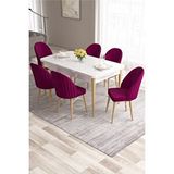 Canisa Ves Serisi 80x132 Mdf Beyaz Mutfak Masa Takımı Beyaz Kafesli 6 Mürdüm Sandalye Doğal Ahşap Ayaklı