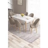 Canisa Ves Serisi 80x132 Mdf Beyaz Mutfak Masa Takımı Beyaz Kafesli 6 Su Yeşili Sandalye Doğal Ahşap Ayaklı