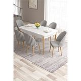 Canisa Ves Serisi 80x132 Mdf Beyaz Mutfak Masası Beyaz Kafesli 6 Pembe Sandalye Doğal Ahşap Ayaklı