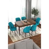 Canisa Via Serisi Barok Ahşap Desen Masa 80x132 cm Açılabilir 6 Sandalye Turkuaz Mutfak Masa Takımı