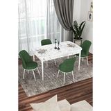 Canisa Via Serisi Beyaz Mermer Desen Masa 80x132 cm Açılabilir 4 Sandalye Su Yeşili Mutfak Masa Takımı