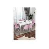 Canisa Via Serisi Beyaz Mermer Desen Masa 80x132 cm Açılabilir 6 Sandalye Pembe Mutfak Masa Takımı