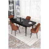 Canisa Via Serisi Siyah Mermer Desen Masa 80x132 cm Açılabilir 4 Sandalye Kiremit Mutfak Masa Takımı