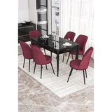 Canisa Via Serisi Siyah Mermer Desen Masa 80x132 cm Açılabilir 6 Sandalye Bordo Mutfak Masa Takımı