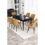 Canisa Via Serisi Siyah Mermer Desen Masa 80x132 cm Açılabilir 6 Sandalye Cappucino Mutfak Masa Takımı