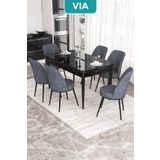 Canisa Via Serisi Siyah Mermer Desen Masa 80x132 cm Açılabilir 6 Sandalye Füme Mutfak Masa Takımı