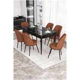 Canisa Via Serisi Siyah Mermer Desen Masa 80x132 cm Açılabilir 6 Sandalye Kiremit Mutfak Masa Takımı