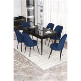 Canisa Via Serisi Siyah Mermer Desen Masa 80x132 cm Açılabilir 6 Sandalye Lacivert Mutfak Masa Takımı