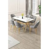Canisa Weps Serisi 89X150 Açılabilir Lak Panel Beyaz Mermer Gold Ayak Masa Takımı Ve 6 Gri Sandalye