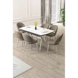 Canisa Weps Serisi 89x150 Açılabilir Lak Panel Beyaz Mermer Krom Ayak Masa Takımı ve 6 Cappucino Sandalye