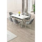Canisa Weps Serisi 89x150 Açılabilir Lak Panel Beyaz Mermer Krom Ayak Masa Takımı ve 6 Gri Sandalye