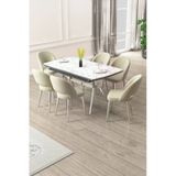 Canisa Weps Serisi 89x150 Açılabilir Lak Panel Beyaz Mermer Krom Ayak Masa Takımı ve 6 Krem Sandalye