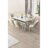 Canisa Weps Serisi 89x150 Açılabilir Lak Panel Rampla Gri Krom Ayak Masa Takımı ve 6 Krem Sandalye
