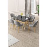 Canisa Weps Serisi 89x150 Açılabilir Lak Panel Siyah Mermer Gold Ayak Masa Takımı ve 6 Gri Sandalye
