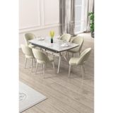 Canisa Weps Serisi 89x150 Açılabilir Masa Takımı, Rampla Gri, Krom Ayak, 6 Krem Sandalye