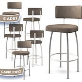 Canisa Wosa Serisi 6 Adet Cappucino 1. Sınıf Babyface Kumaş Beyaz Metal Ayaklı Bar Sandalyesi