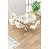 Canisa Zae Serisi 90x168 cm Beyaz Mermer Desen Gold Ayak Yemek Masası, 6 Krem Sandalye Takımı