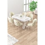 Canisa Zae Serisi 90x168 cm Beyaz Mermer Masa, Krom Ayak, 6 Krem Sandalyeli Yemek Odası Takımı