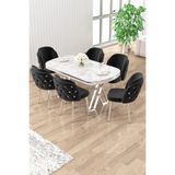 Canisa Zae Serisi 90x168 cm Beyaz Mermer Masa, Krom Ayak, 6 Siyah Sandalyeli Yemek Odası Takımı