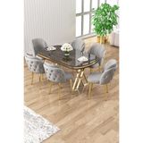 Canisa Zae Serisi 90x168 cm Lak Panel Antrasit Ironi Gold Ayak Masa Takımı, 6 Gri Sandalye