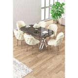 Canisa Zae Serisi 90x168 cm Lak Panel Antrasit Ironi Krom Ayak Masa Takımı, 6 Krem Sandalye