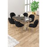 Canisa Zae Serisi 90x168 cm Lak Panel Antrasit Ironi Masa, Gold Ayak, 6 Siyah Sandalye Yemek Odası Takımı
