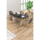 Canisa Zae Serisi 90x168 cm Siyah Mermer Desen Masa, Gold Ayaklar, 6 Cappucino Sandalye Yemek Odası Takımı