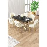 Canisa Zae Serisi 90x168 cm Siyah Mermer Desen Masa, Gold Ayaklar, 6 Krem Sandalye Yemek Odası Takımı