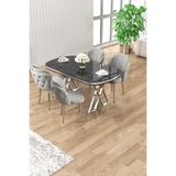 Canisa Zae Serisi 90x168 cm Siyah Mermer Desen Masa Takımı, 4 Gri Sandalye, Krom Ayak