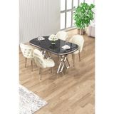 Canisa Zae Serisi 90x168 cm Siyah Mermer Desen Masa Takımı, 4 Krem Sandalye, Krom Ayak