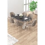 Canisa Zae Serisi 90x168 cm Siyah Mermer Desen Masa Takımı, Krom Ayaklı, 6 Cappucino Sandalye
