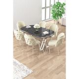 Canisa Zae Serisi 90x168 cm Siyah Mermer Desen Masa Takımı, Krom Ayaklı, 6 Krem Sandalyeli