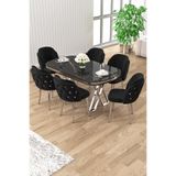 Canisa Zae Serisi 90x168 cm Siyah Mermer Desen Masa Takımı, Krom Ayaklı, 6 Siyah Sandalye