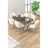 Canisa Zae Serisi 90X168 Lak Panel Antrasit Ironi Krom Ayak Masa Takımı 6 Krem Sandalye