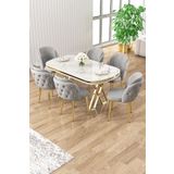 Canisa Zae Serisi 90x168 Lak Panel Beyaz Mermer Desen Gold Ayak Masa Takımı 6 Gri Sandalye