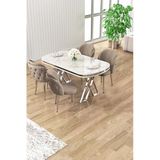 Canisa Zae Serisi 90X168 Lak Panel Beyaz Mermer Desen Krom Ayak Masa Takımı 4 Cappucino Sandalye
