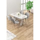 Canisa Zae Serisi 90X168 Lak Panel Beyaz Mermer Desen Krom Ayak Masa Takımı 4 Gri Sandalye