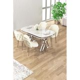 Canisa Zae Serisi 90X168 Lak Panel Beyaz Mermer Desen Krom Ayak Masa Takımı 4 Krem Sandalye
